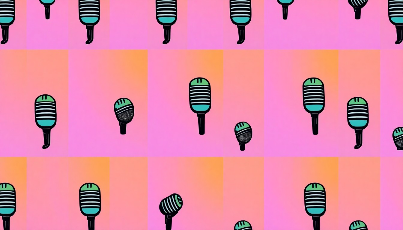 A highly stylized, abstract illustration featuring a repeating pattern of a microphone icon in bright neon colors, conceptually representing the fun and energy of a community karaoke event.