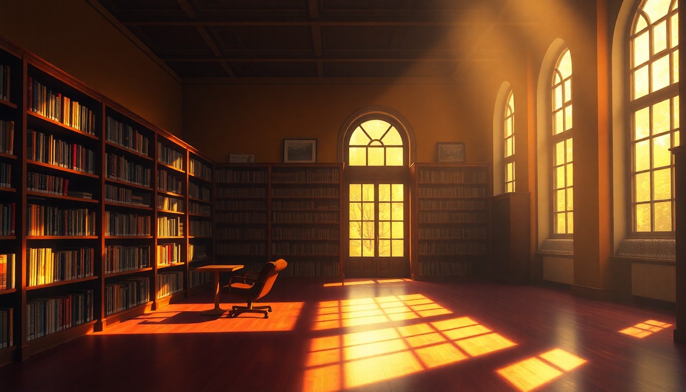 A serene, dimly lit interior of a public library reading room, with sunlight streaming through the windows and casting long shadows across the empty tables and chairs, conveying a sense of contemplation and uncertainty about the library's future.