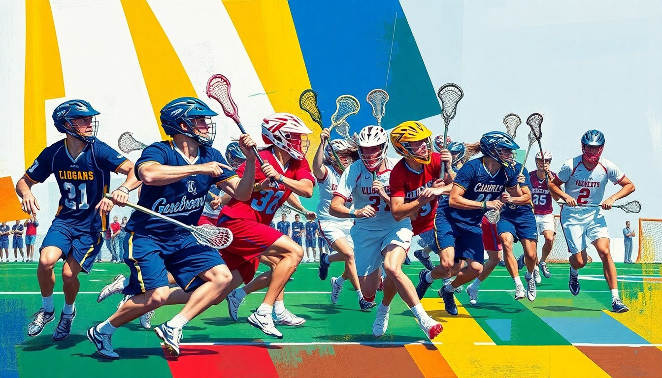 A cubist, geometric painting depicting a lacrosse game, with sharp, overlapping planes of color representing the players, field, and action of the sport.