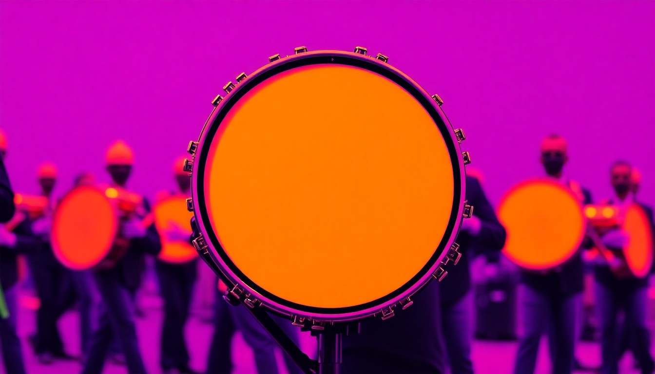 A brightly colored, high-contrast silkscreen print of a marching band drum in the style of Andy Warhol, representing the iconic status of the North Carolina A&T band program.