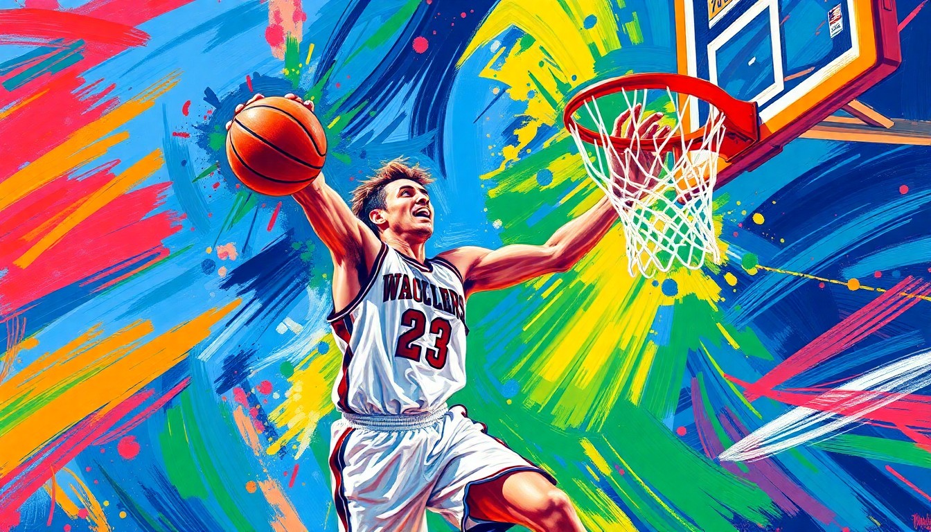 An abstract, energetic painting in neon colors depicting the fluid motion and power of a basketball player driving to the hoop, conveying the raw athleticism and talent of the Offensive Player of the Year.