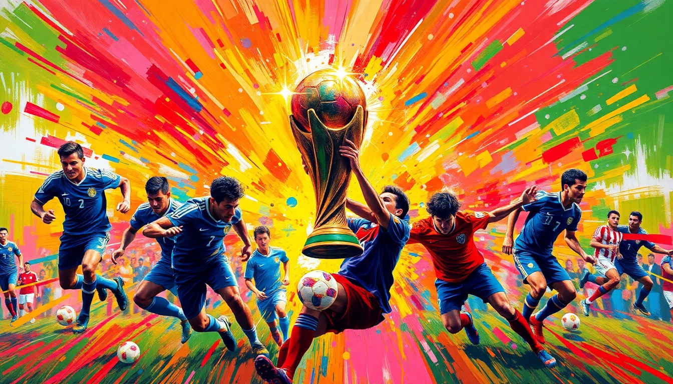 An abstract, energetic painting using bold, neon-colored brushstrokes to depict the dynamic movement and competition of international soccer players vying for the FIFA World Cup trophy.