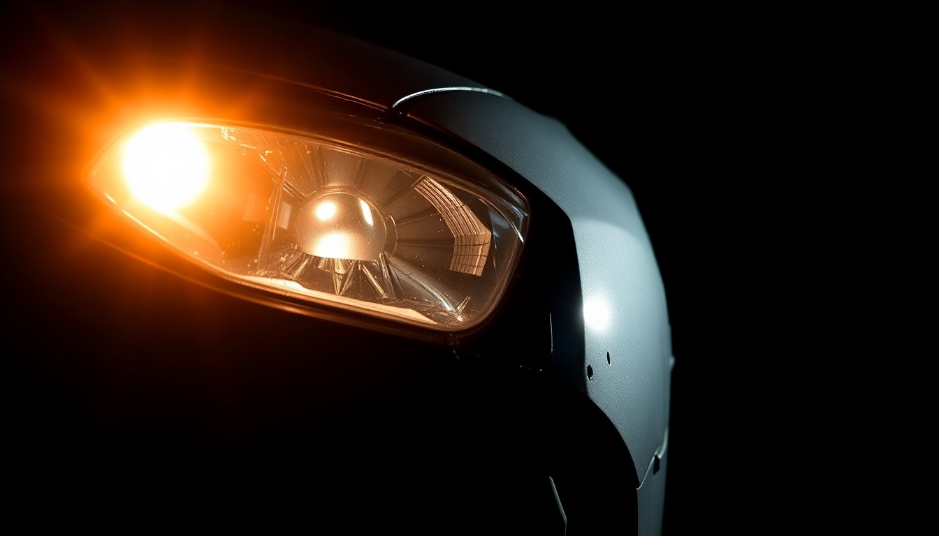 An extreme close-up photograph of a crumpled car fender, the harsh lighting and dark background creating a stark, gritty visual representation of the aftermath of a vehicular incident.