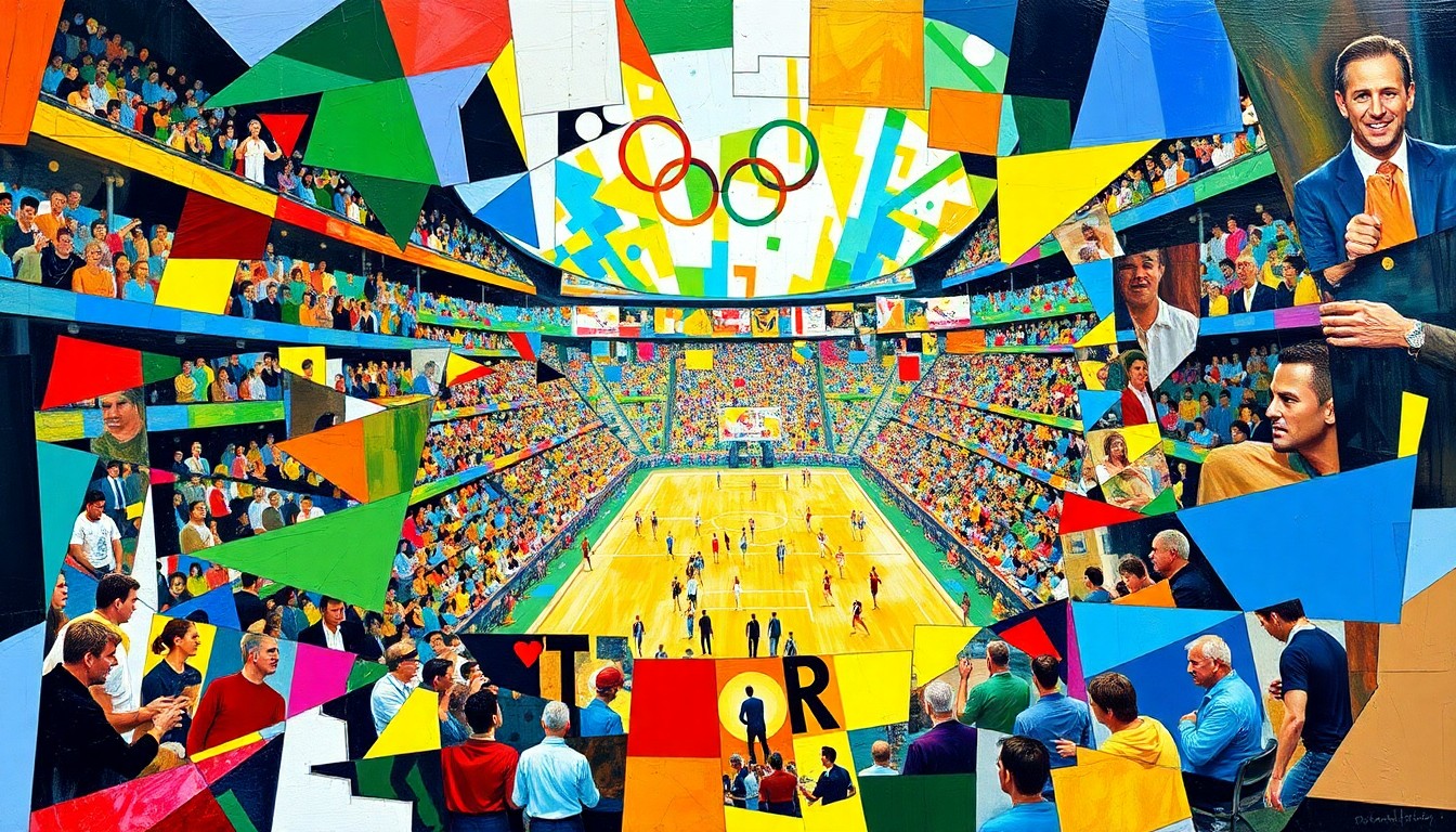 A cubist, geometric painting depicting the fragmented energy and movement of an Olympic event, with sharp planes of bright colors and shapes that do not resolve into any clear, recognizable imagery.