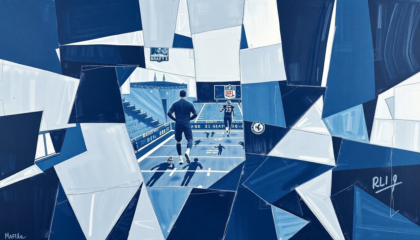 A cubist, geometric painting depicting fragmented, overlapping shapes and planes in navy, silver, and white, conceptually representing the evaluation of football players for the NFL Draft.