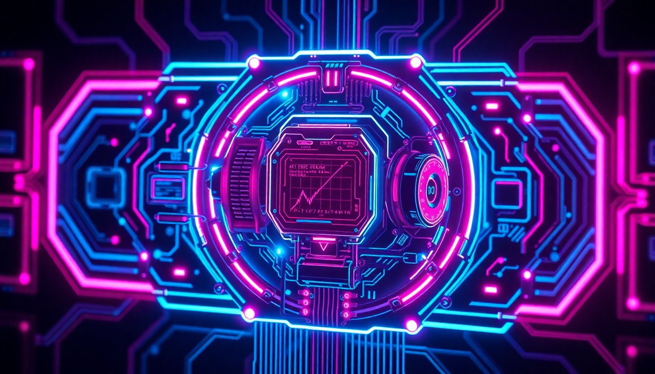 A highly detailed, glowing 3D illustration of a futuristic AI agent interface, with neon cyan and magenta lights illuminating the intricate cybernetic hardware and software components, conceptually representing the increasing integration of intelligent automation into enterprise applications.