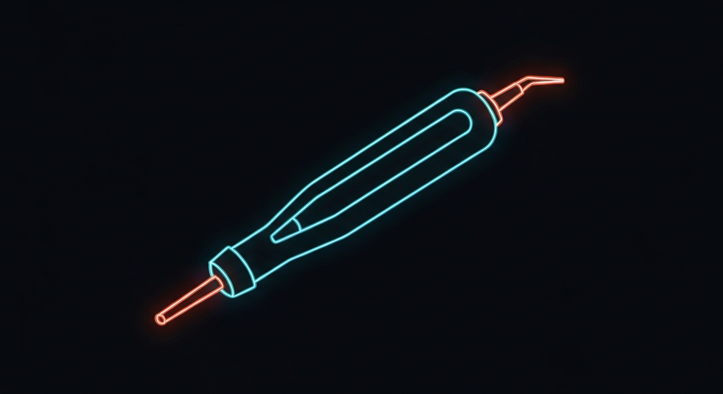 A minimalist design in the style of Keith Haring where a dental tool is defined entirely by glowing, vibrant neon lines against a deep, dark background, emphasizing the shape and electricity of the medical instrument.