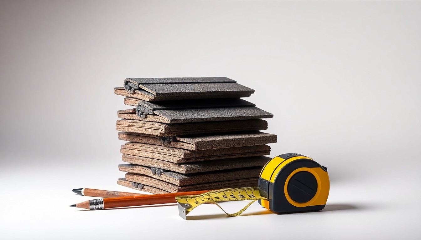 A high-end, photorealistic studio still-life photograph featuring a stack of roofing shingles, a tape measure, and a carpenter's pencil arranged elegantly on a clean, monochromatic background, conceptually representing quality, craftsmanship, and consumer protection in the roofing industry.