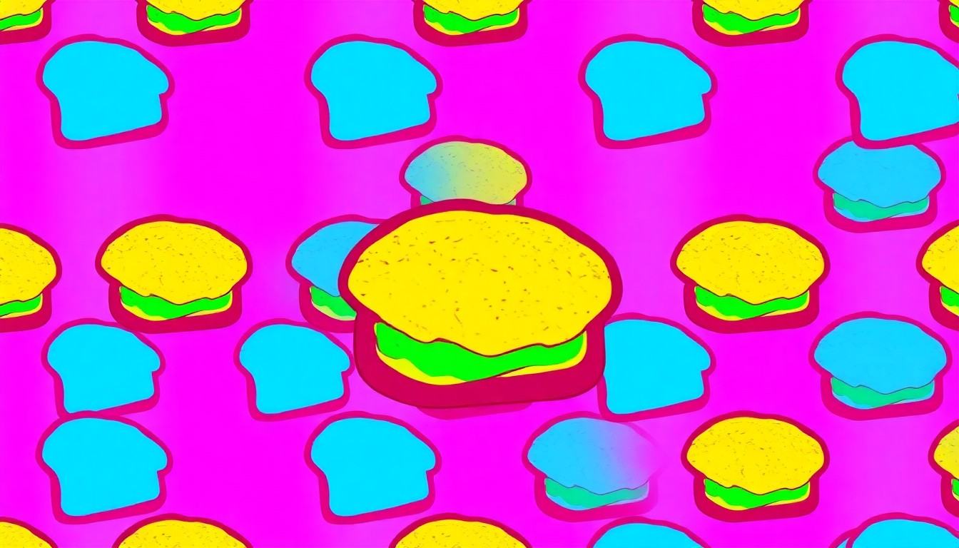 A high-contrast, silkscreen-style illustration featuring a repeating grid of a single, iconic tuna salad ingredient, such as a slice of bread or a spoonful of hummus, rendered in a bold, neon color palette with heavy black outlines, conceptually representing the modern, flavorful upgrade to a lunchtime classic.