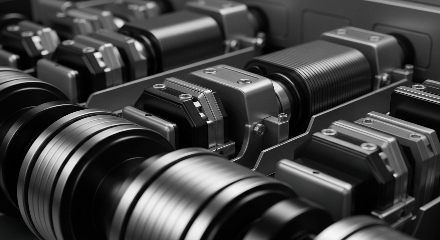 An extreme close-up of heavy, industrial banking machinery and equipment in shades of steel gray, chrome, and black, representing the complex financial infrastructure that supports the transportation sector.