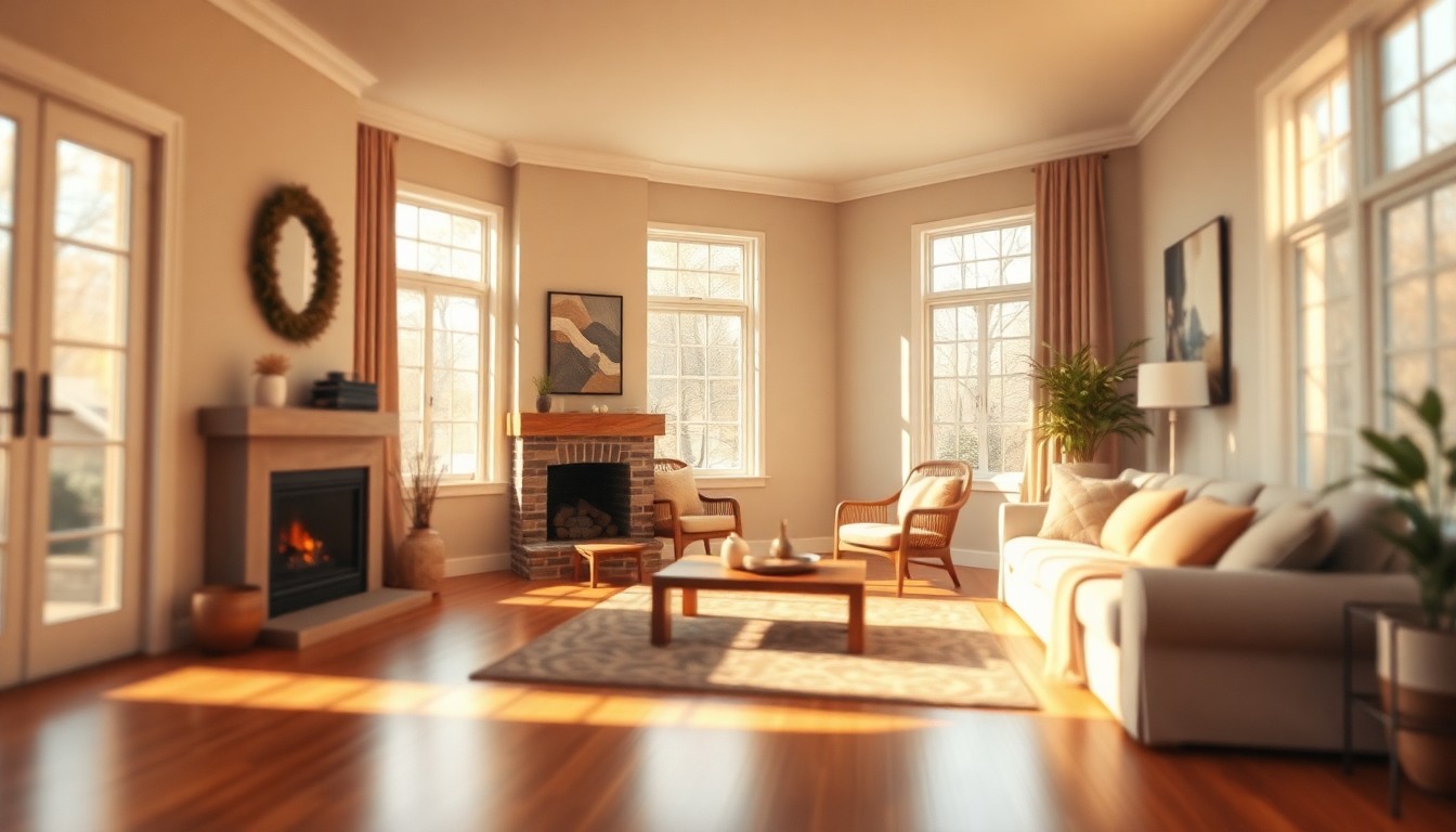 An extremely abstracted, out-of-focus photograph in soft pools of warm light and color, depicting the cozy interior of a well-appointed living room with a fireplace, hardwood floors, and natural light filtering through large windows.