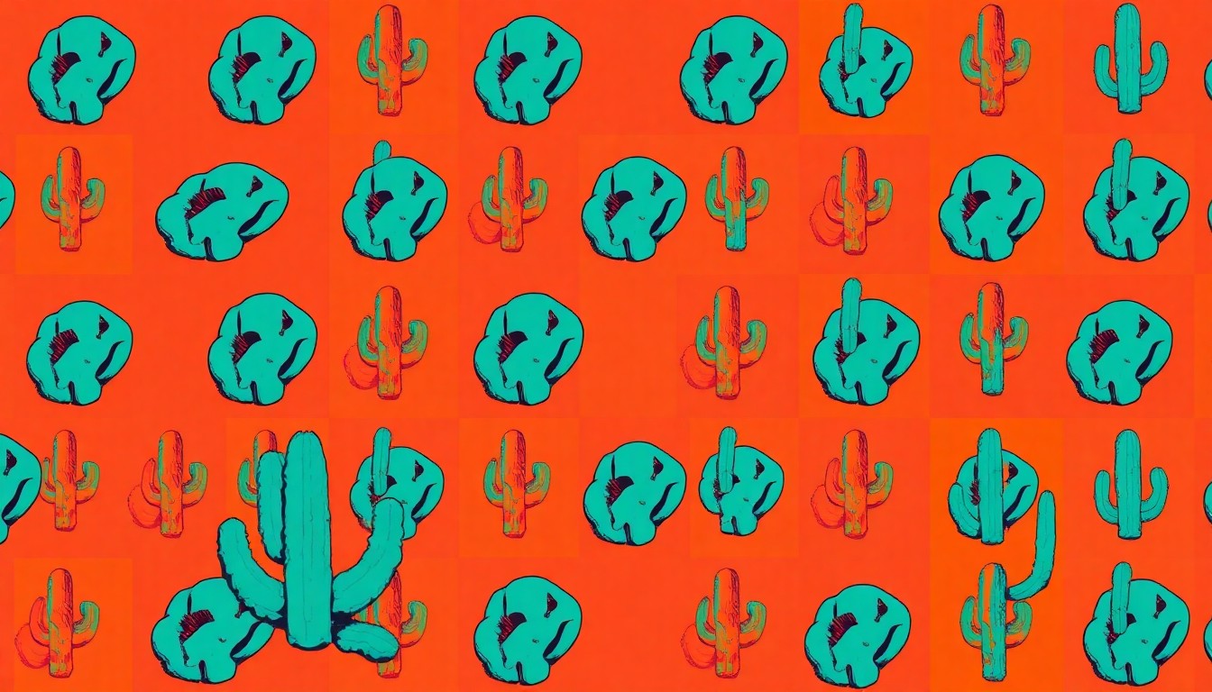 A highly stylized, brightly colored silkscreen print featuring a repeating pattern of a single iconic median object, such as a boulder or ocotillo plant, rendered in a bold, pop art style that captures the community's frustration with the lack of progress on this local issue.