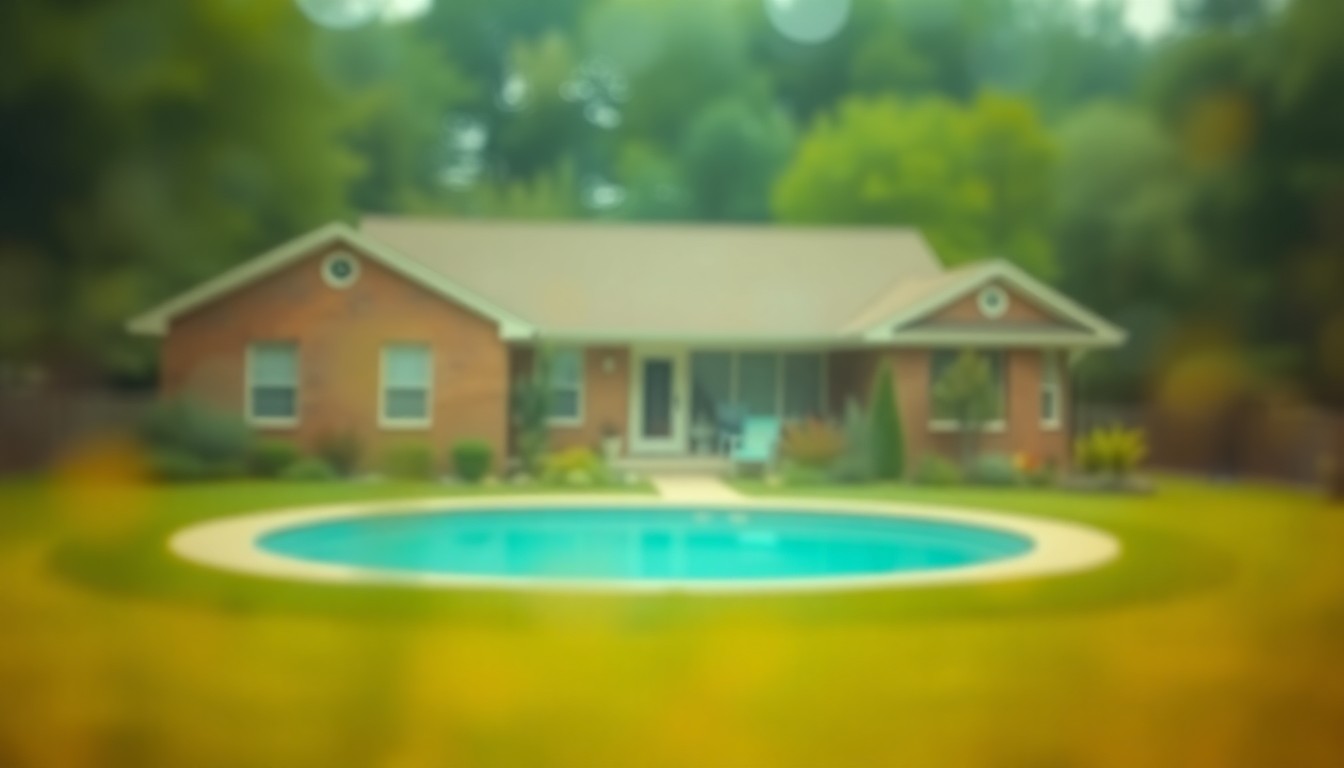 An extremely blurred, out-of-focus photograph in warm, earthy tones depicting the hazy outline of a brick ranch home with a lush yard and shimmering above-ground pool, conceptually representing the tranquil, inviting atmosphere of this turnkey property.