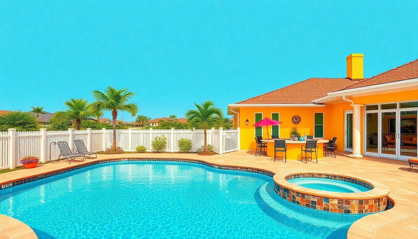 A bold, pop art-inspired grid of colorful, abstracted icons representing a swimming pool, hot tub, and outdoor bar, conceptually capturing the luxury backyard features of the Grand Island home.