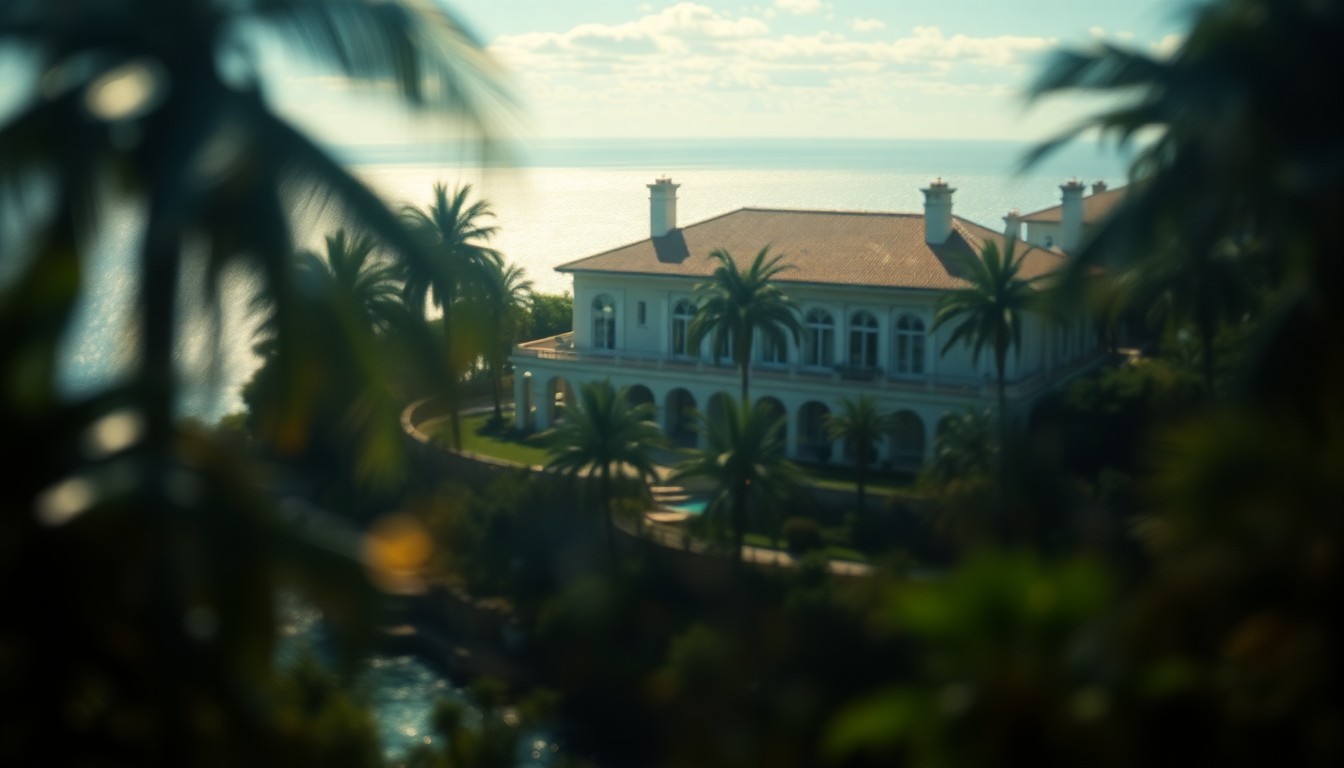 An extremely abstracted, out-of-focus photograph in warm, soft tones depicting the blurred outline of a grand, Mediterranean-style mansion surrounded by lush, tropical foliage and overlooking a shimmering body of water, conveying a sense of opulence and tranquility.