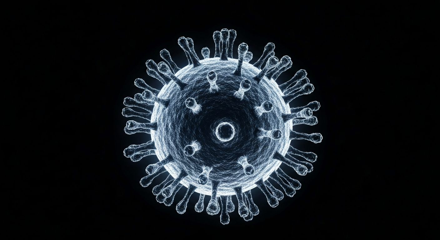 A ghostly, translucent X-ray image of a measles virus particle, its intricate structure glowing against a dark background, conceptually illustrating the scientific examination of this infectious disease.