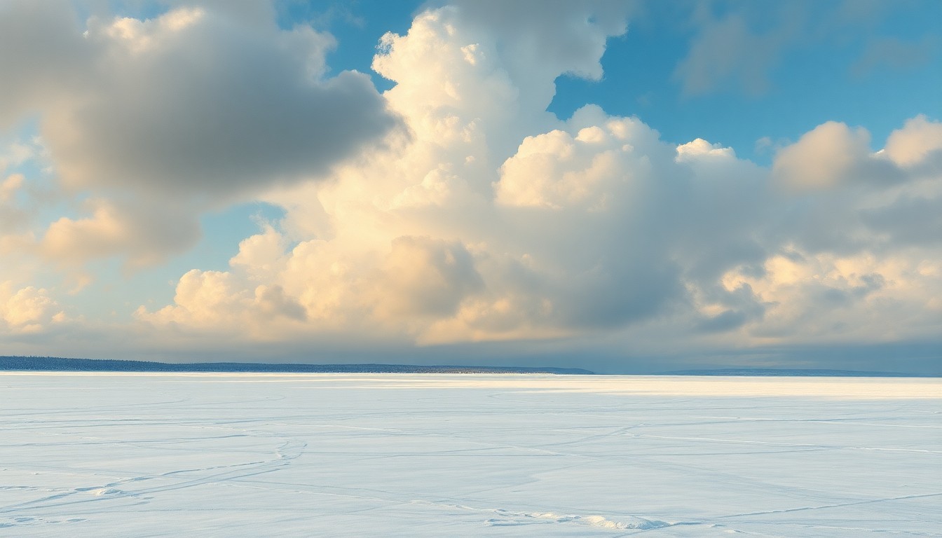 A vast, majestic landscape painting in muted tones of white, grey, and blue, depicting a snow-covered expanse under a dramatic, cloudy sky. The scene conveys the overwhelming, sublime scale of the natural world, with any physical structures or objects dwarfed by the winter weather.