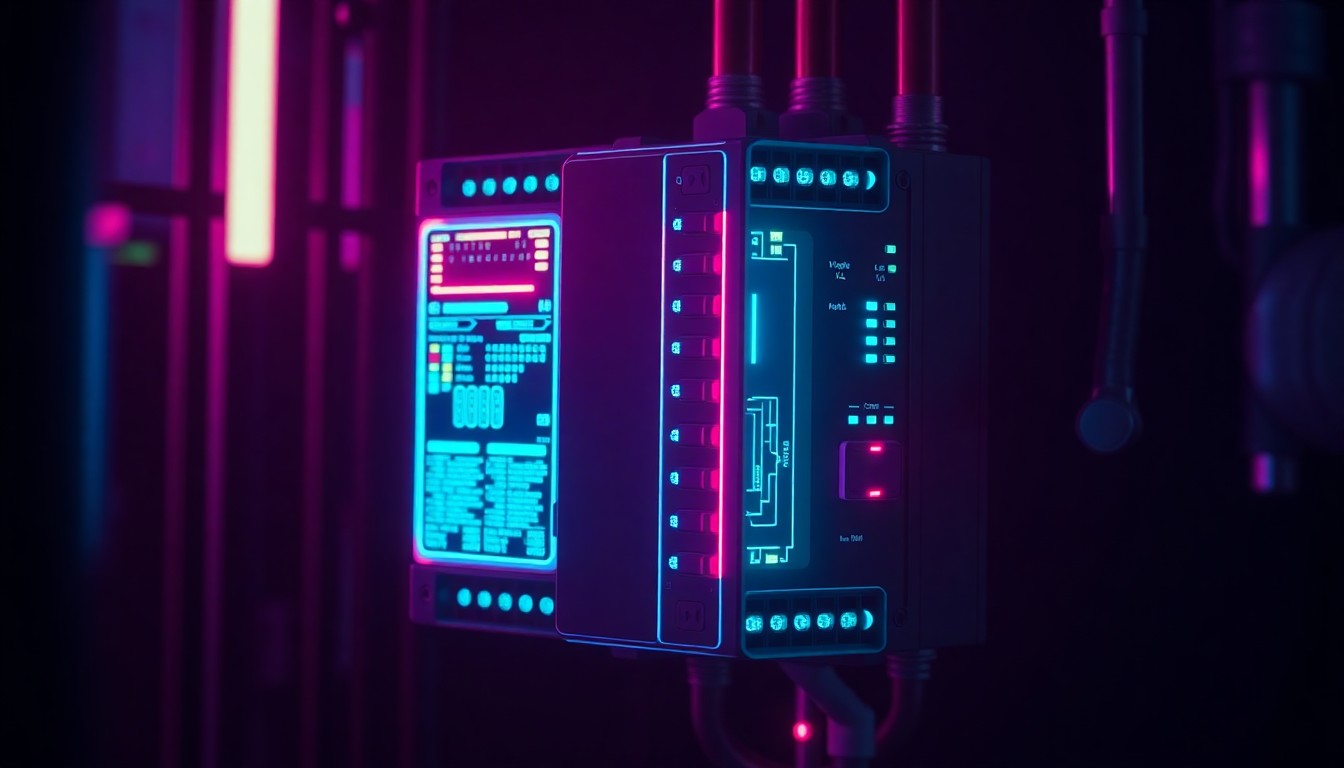 A highly detailed, glowing 3D macro illustration of a programmable logic controller (PLC) device used in industrial control systems, illuminated by neon cyan and magenta lights, conceptually representing the threat of state-sponsored cyberattacks on essential infrastructure.