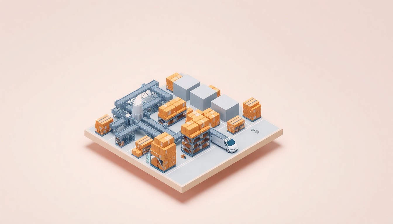 A minimalist, isometric 3D illustration depicting a stylized distribution center facility with conveyor belts, storage racks, and automated sorting systems, conceptually representing the advanced technology and efficiency of Burlington's new logistics hub.