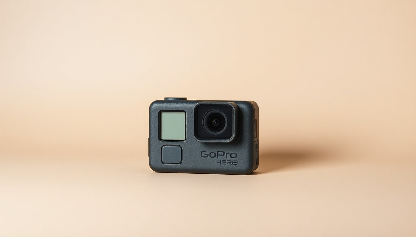 A high-end, photorealistic studio still-life photograph of a single GoPro camera body in a muted, earthy color palette resting on a clean, monochromatic background, conveying a sense of corporate strategy and the struggles of a once-dominant tech brand.