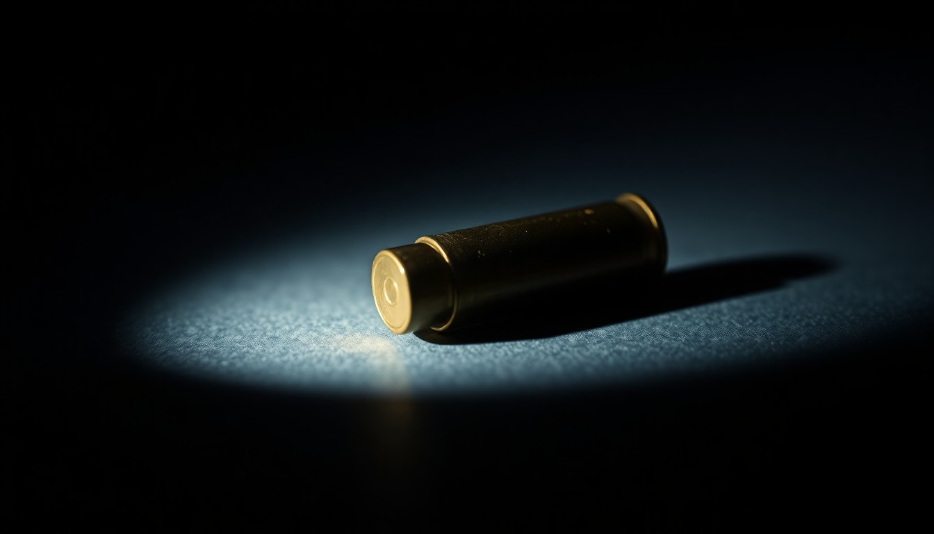 An extreme close-up photograph of a single spent shell casing on a dark surface, lit by a harsh, direct camera flash, conceptually representing the evidence of a fatal shooting incident.