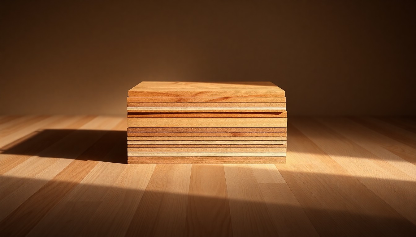 A high-end, photorealistic studio still-life photograph featuring a stack of premium hardwood flooring samples in warm, earthy tones, arranged elegantly on a clean, monochromatic seamless background with sharp, dramatic lighting and deep shadows.