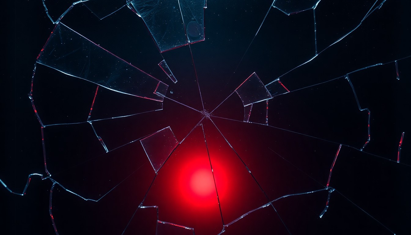 An abstract close-up photograph of a shattered glass surface reflecting a faint red light, conveying a sense of dramatic tension and uncertainty.
