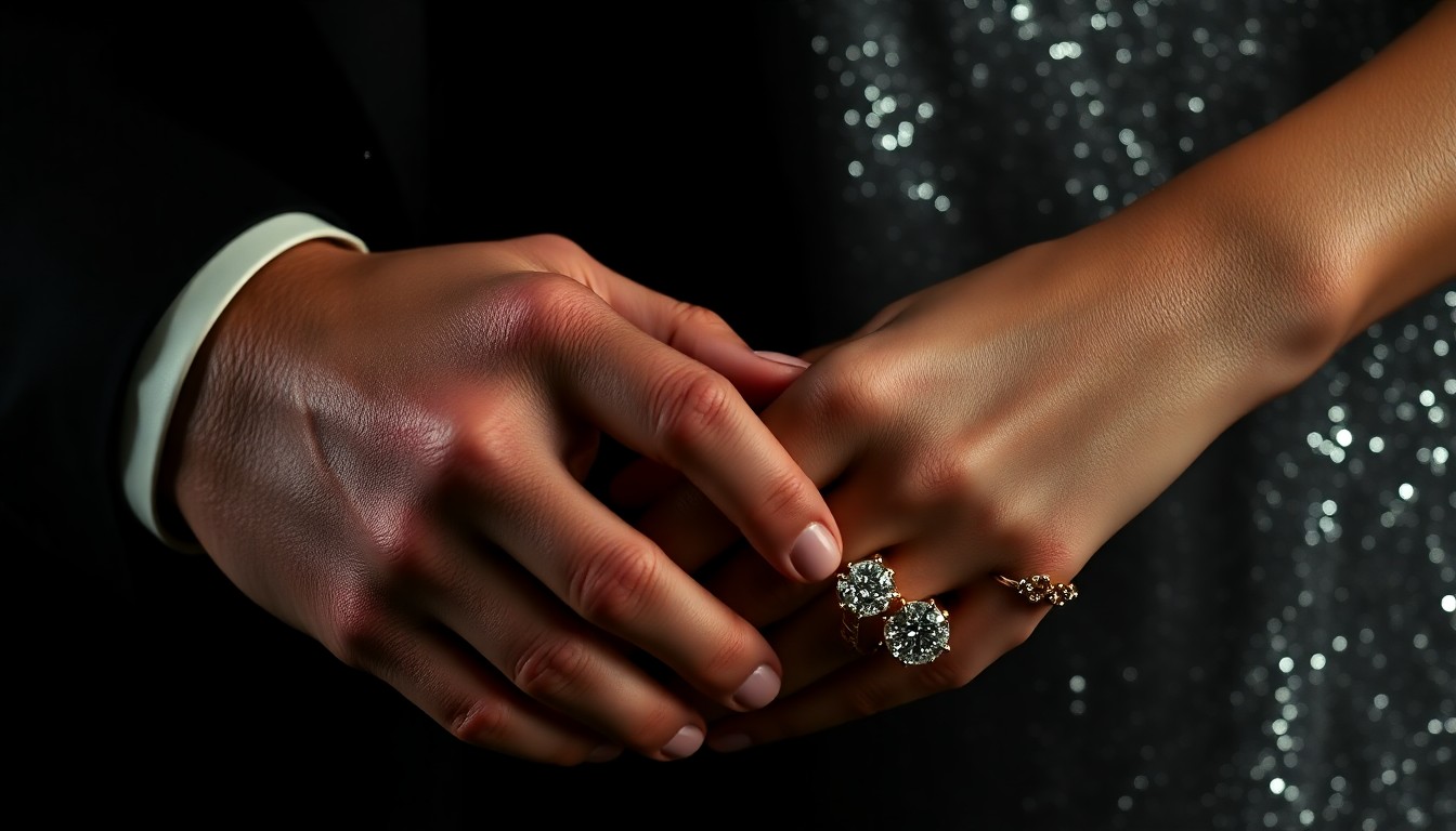 An extreme close-up photograph of Timothée Chalamet and Kylie Jenner's hands intertwined, shot in dramatic high-contrast studio lighting to create a glitzy, high-fashion aesthetic focused on the luxurious textures of their skin and jewelry.