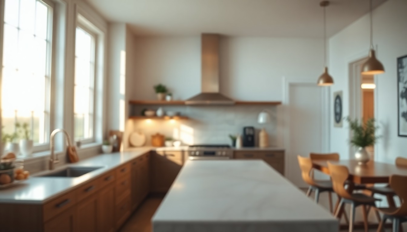 An extremely abstracted, out-of-focus photograph of a modern kitchen with hardwood floors, stainless steel appliances, and natural light streaming through windows, creating a soft, inviting ambiance.