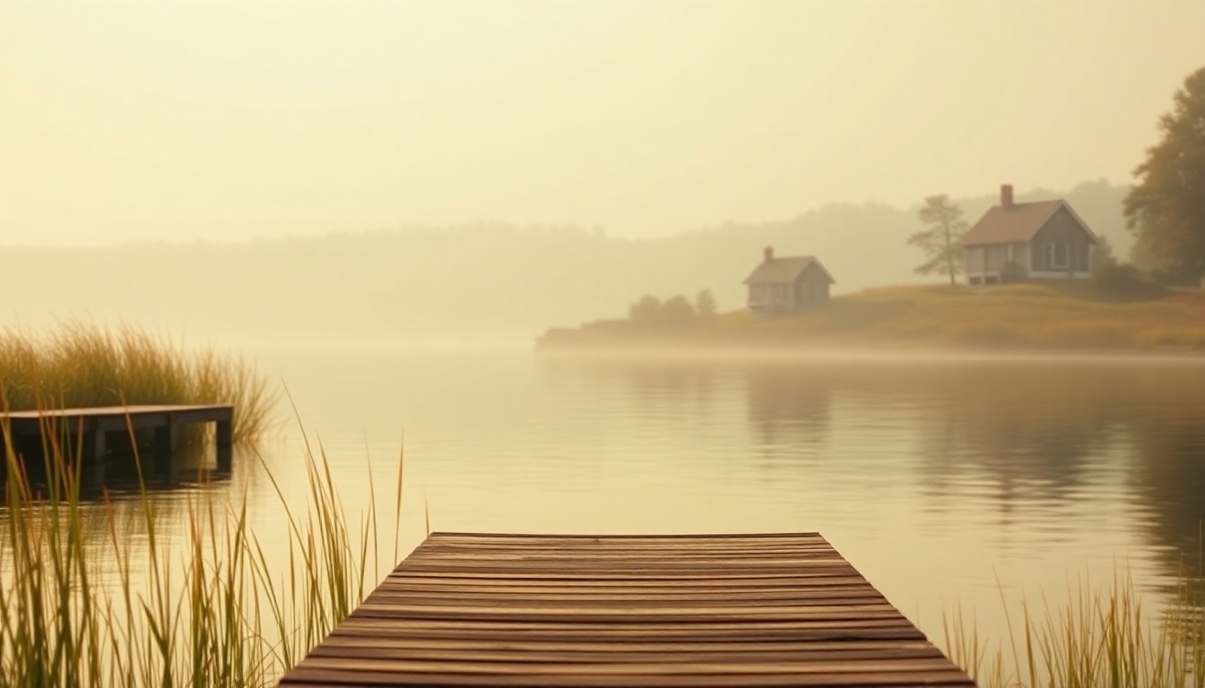 An extremely abstracted, out-of-focus photograph in soft pools of warm color and light, depicting a serene lakeside scene with a wooden dock, tall grass, and the faint outline of a house in the background, conceptually representing the peaceful, natural setting of this Doniphan, Nebraska lakefront home.