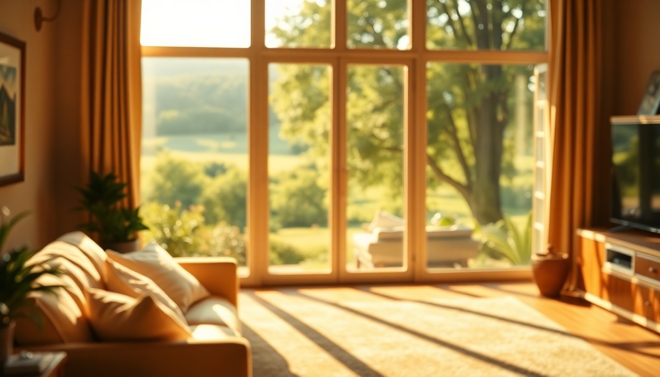 A blurred, impressionistic photograph of a cozy living room with large windows overlooking a lush, green landscape, capturing the serene and inviting atmosphere of the Partridge Knolls community.