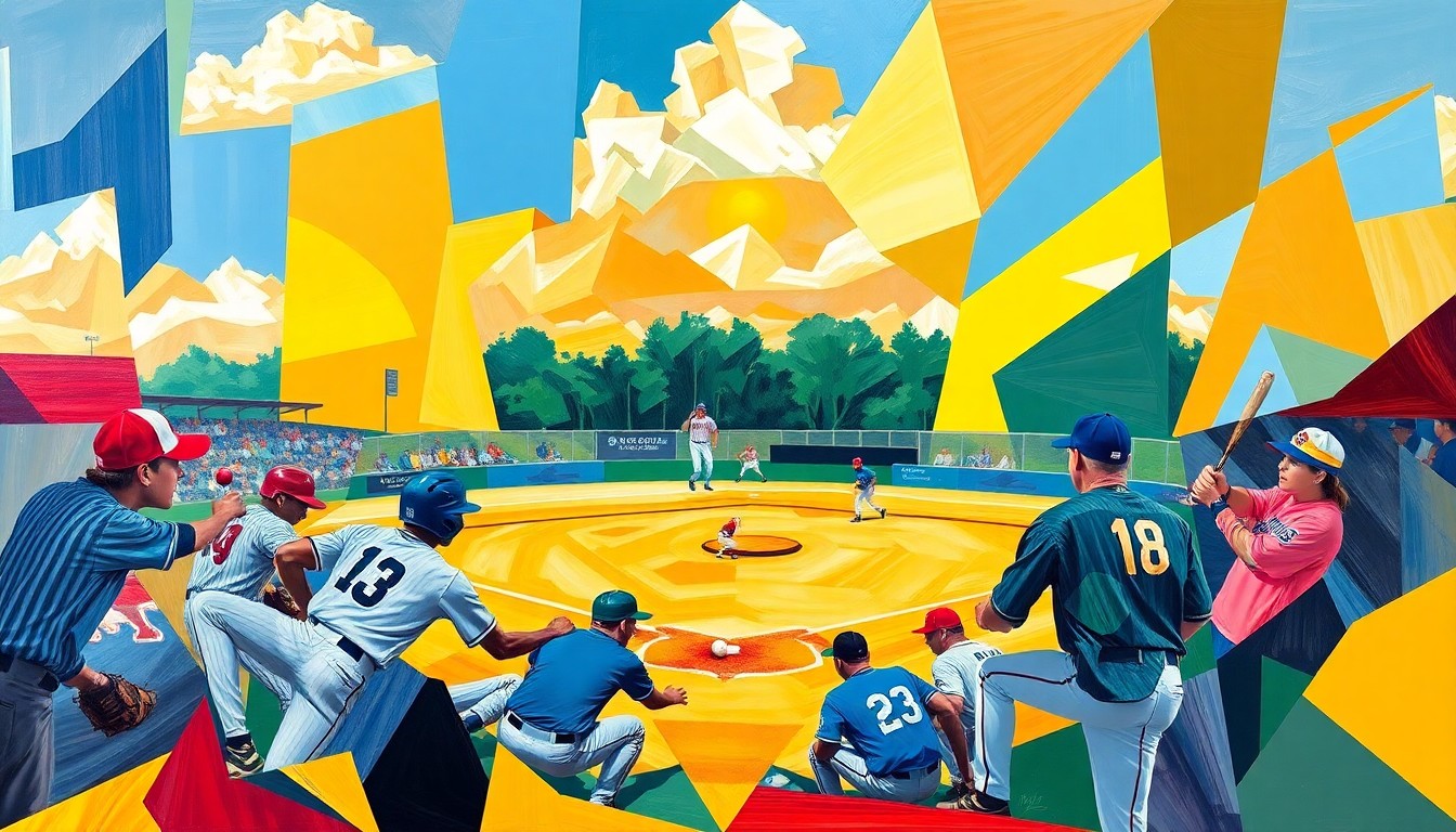 A fragmented, geometric painting depicting a softball game in motion, with sharp planes of color representing the competing teams.