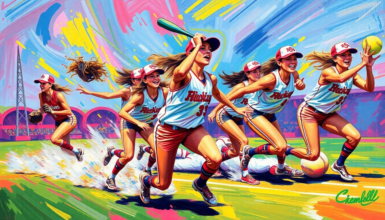A dynamic, colorful painting in the style of LeRoy Neiman, with bold brushstrokes and vibrant neon hues capturing the energy and motion of a high school softball game.