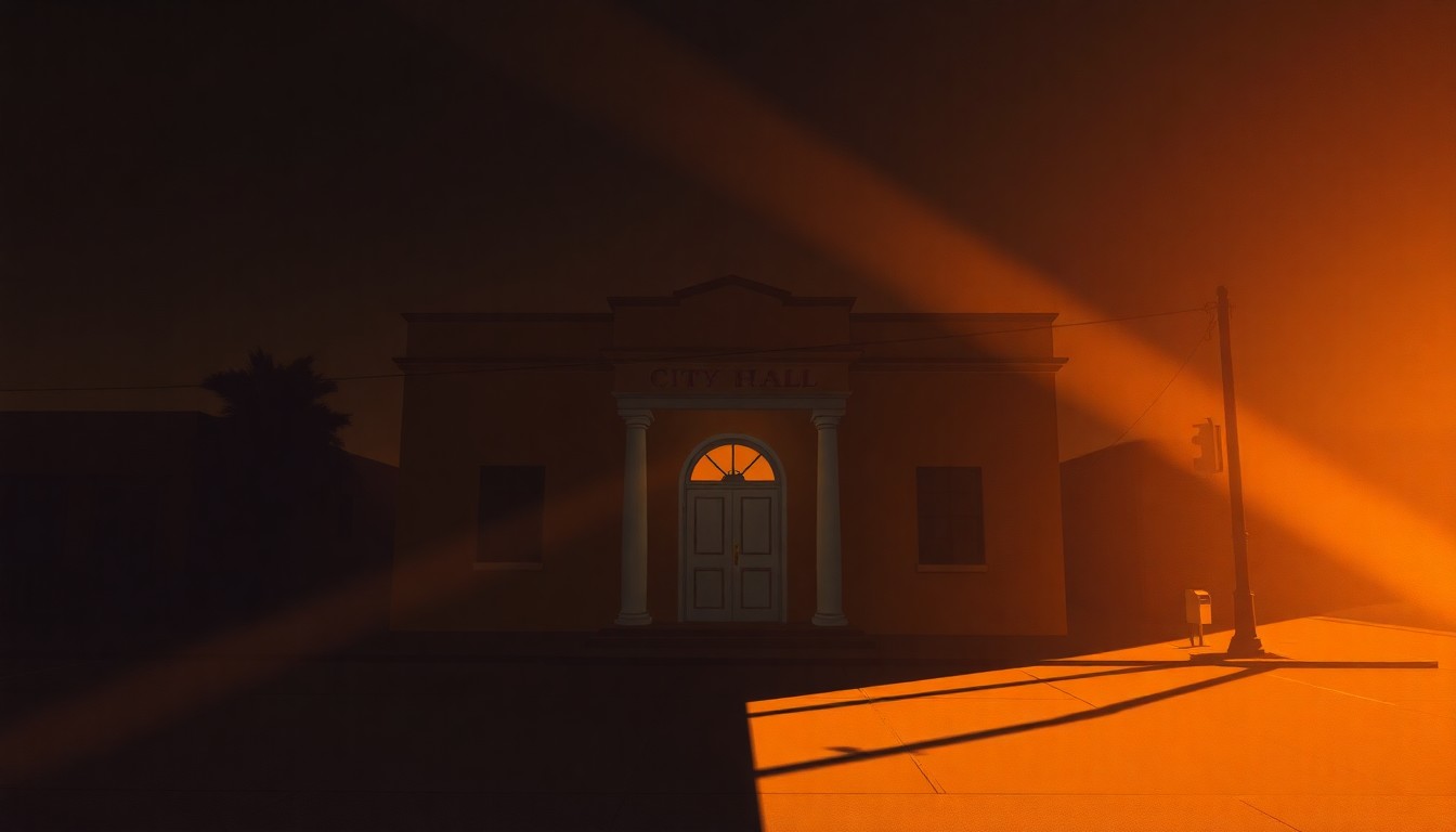 A warm, cinematic painting of a government building in Margate, Florida, with deep shadows and diagonal sunlight, conveying a sense of civic pride and political nostalgia.