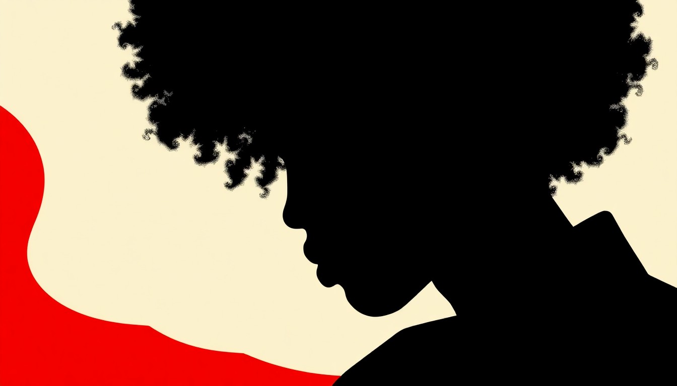 An abstract, minimalist composition using bold black shapes and contrasting red and white colors to conceptually represent themes of African American identity and artistic portraiture.