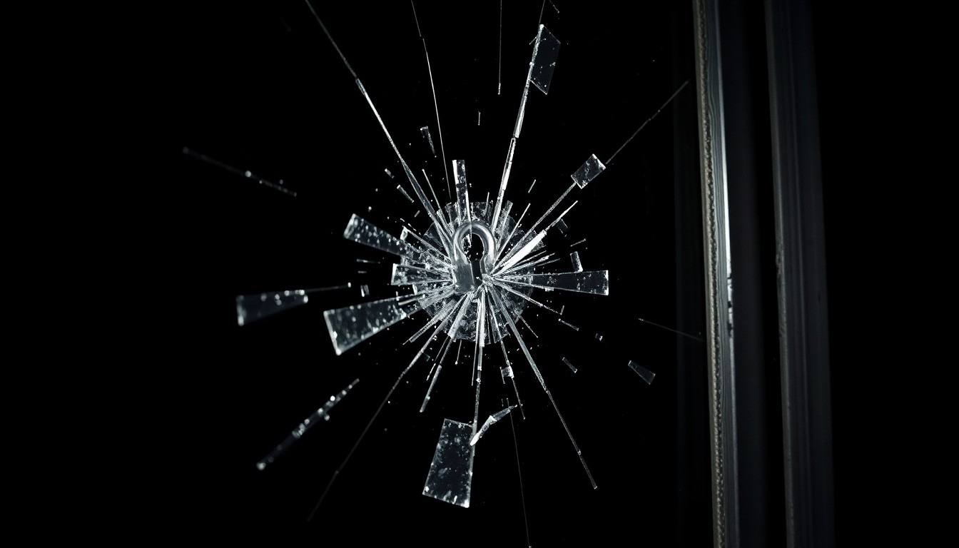 An extreme close-up photograph of a shattered glass storefront, capturing the harsh, gritty aftermath of a burglary in a conceptual, investigative manner.