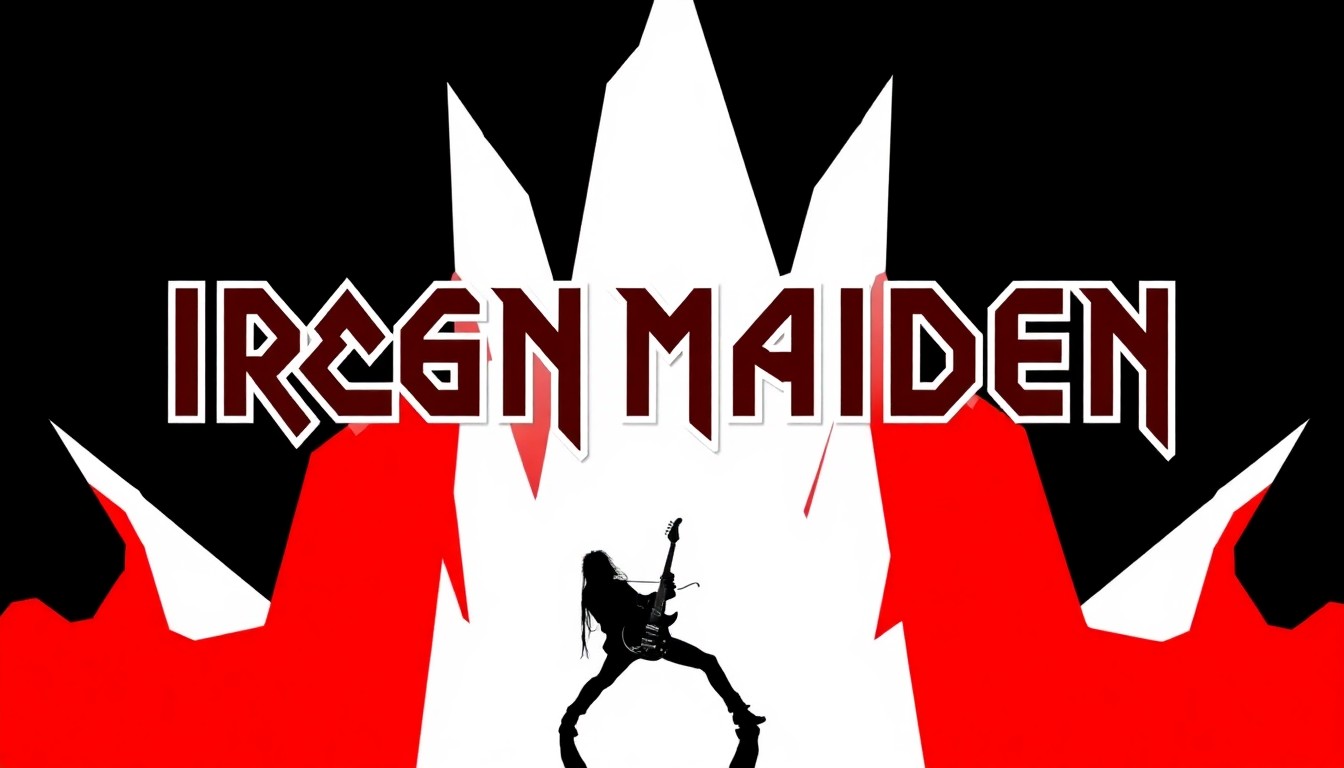 A striking abstract illustration featuring bold geometric shapes and silhouettes in high-contrast red and black, capturing the powerful energy and metal aesthetic of Nicko McBrain's Iron Maiden tribute band Titanium Tart.