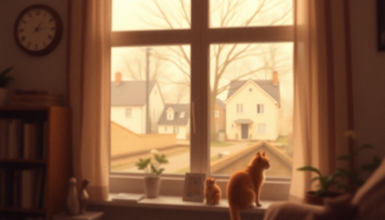 An abstract, out-of-focus photograph in soft, warm tones depicting a cozy domestic scene with hints of a cat, a bookshelf, and a window overlooking a peaceful neighborhood, conceptually representing the quiet, compassionate life of Rebecca 'Becky' Zimmerman.