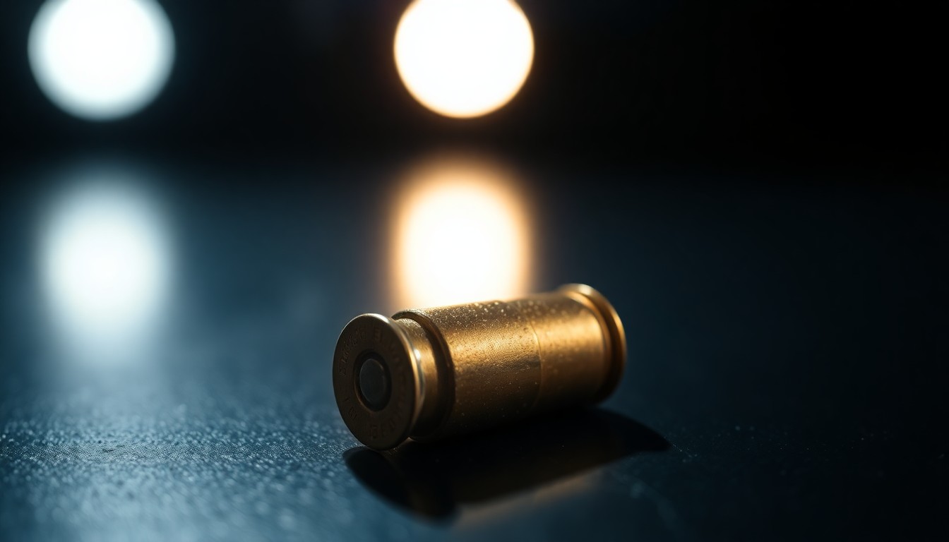 An extreme close-up photograph of a single spent bullet casing on a dark surface, lit by a harsh, direct camera flash, conceptually representing the investigation into the deadly shooting.