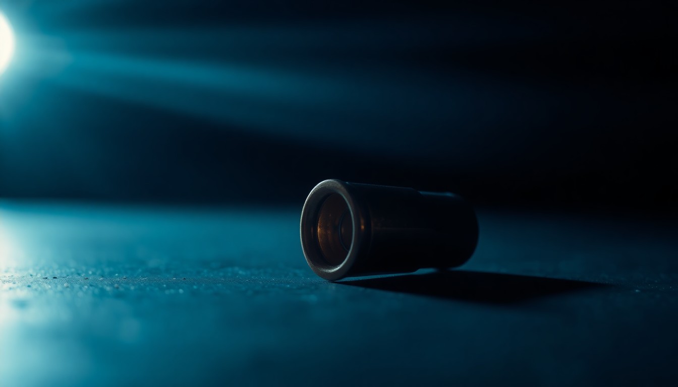 An extreme close-up photograph of a single spent shell casing on a dark surface, lit by a harsh, direct camera flash, conceptually illustrating the physical evidence of a violent crime.