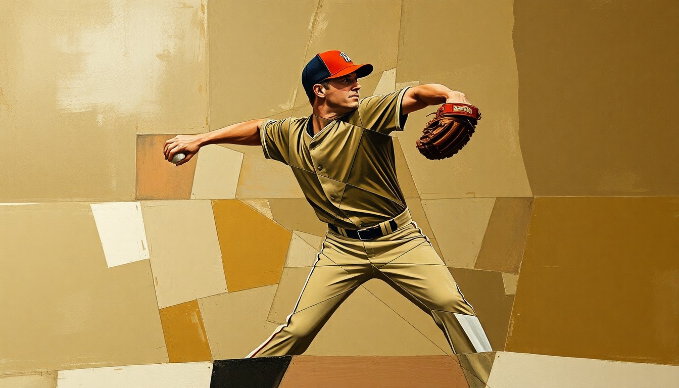A fragmented, geometric painting depicting a baseball pitcher's throwing motion, with sharp planes of muted earth tones overlapping to create a dynamic, abstract composition.