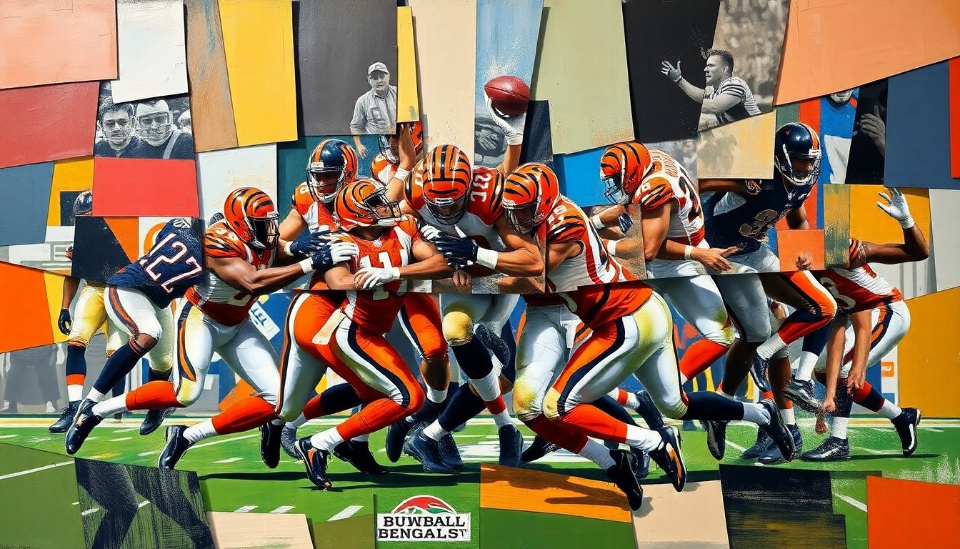 A fractured, geometric painting depicting a Cincinnati Bengals defensive play or game action, with sharp, overlapping planes of color and form representing the team's inability to translate draft capital into on-field success on that side of the ball.