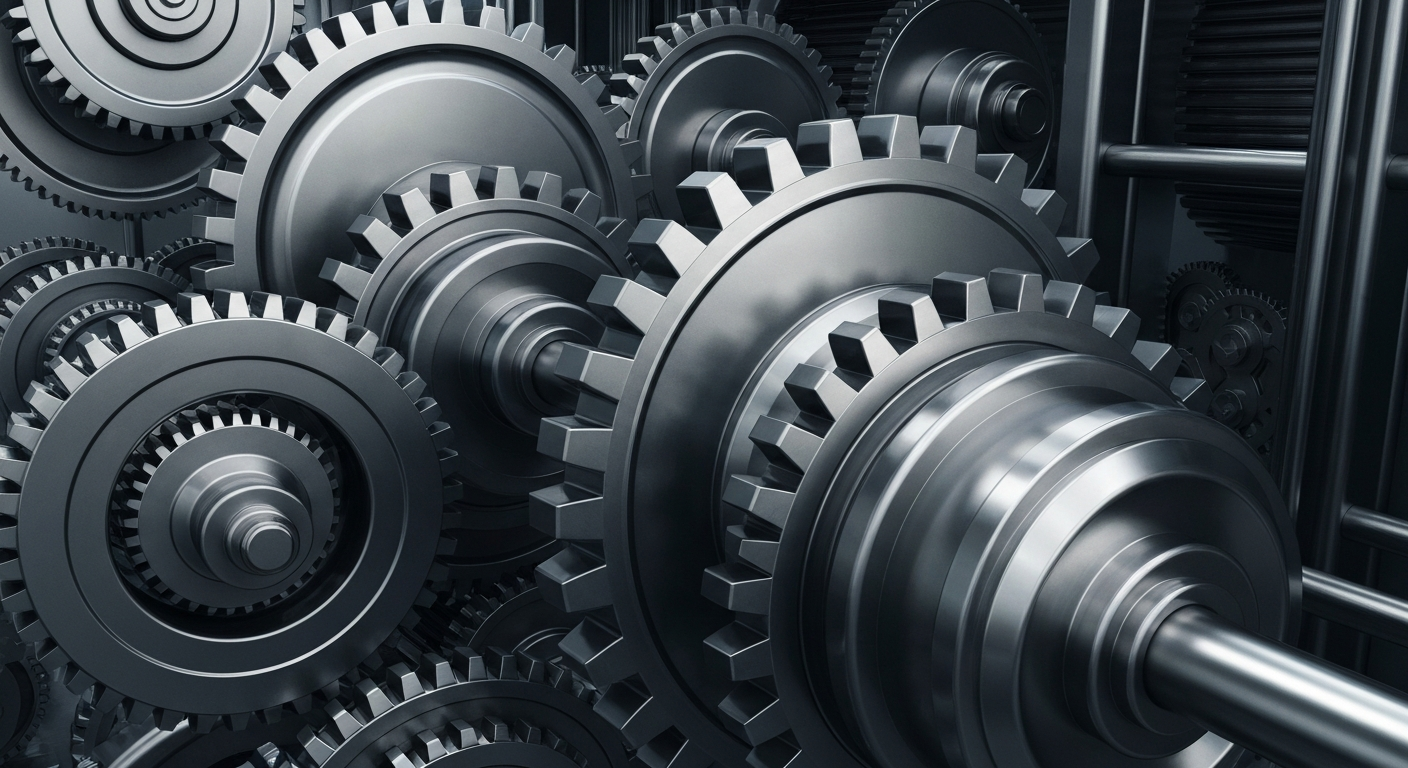 An extreme close-up of interlocking metal gears and machinery, conveying the complex financial systems and institutional power that drive the stock market.