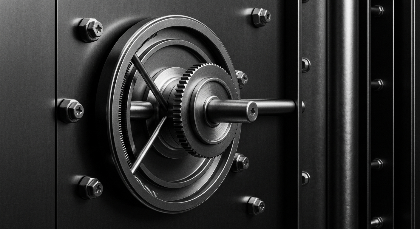 A high-contrast black and white close-up image of the intricate gears, levers, and mechanisms of a financial vault or safe deposit box, conveying a sense of the physical security and institutional power of the banking industry.