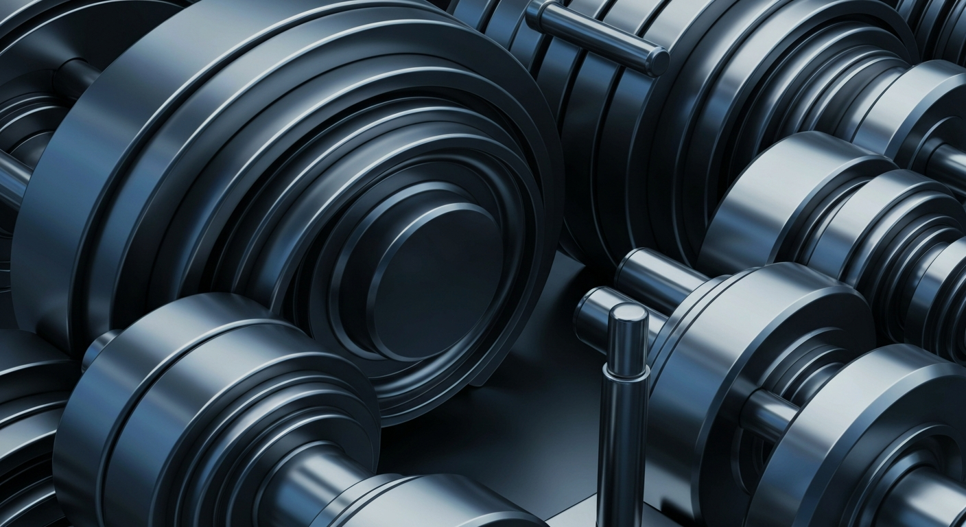 An extreme close-up of intricate, heavy industrial banking machinery and mechanisms in shades of gunmetal grey, chrome, and deep blue, conveying a sense of institutional financial power and security without using literal currency or charts.