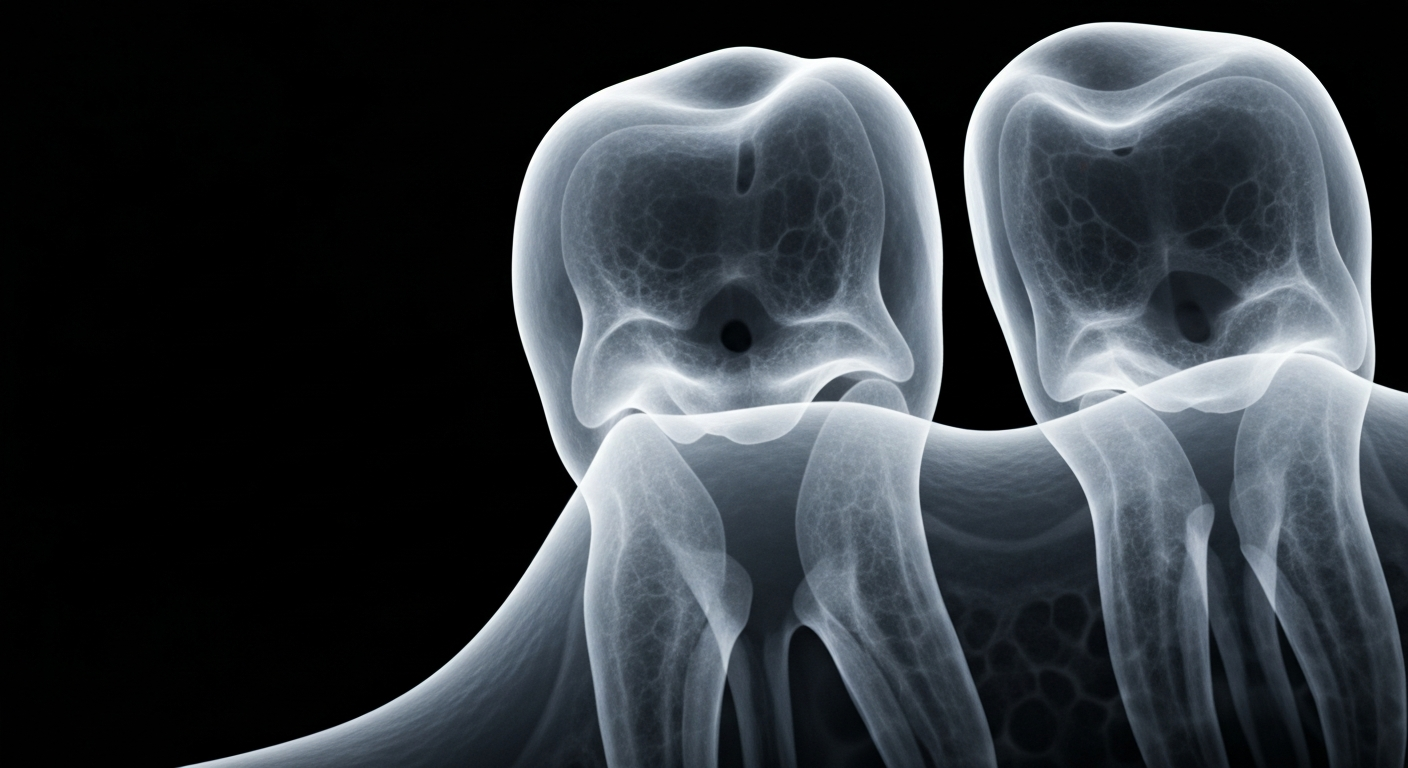 An extreme close-up X-ray image of a human tooth, revealing its intricate internal structure in glowing lines against a dark background, conceptually representing the personalized, prevention-focused approach to teeth whitening.