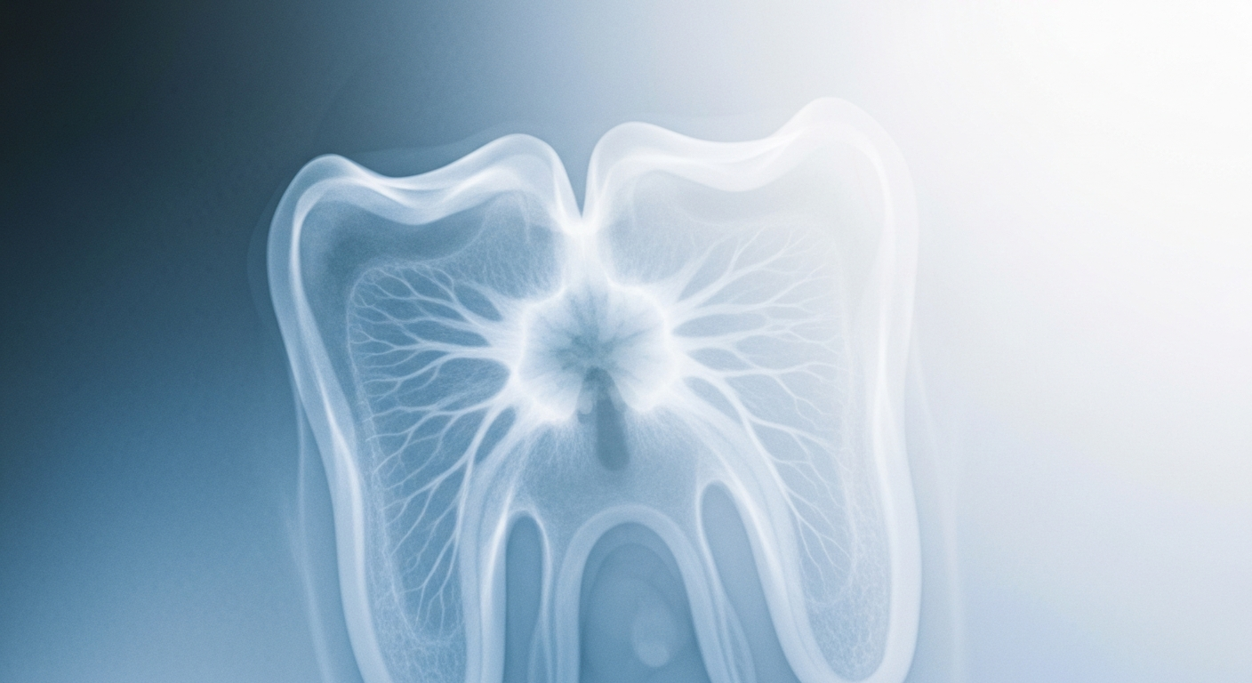 A ghostly, translucent X-ray image of a human tooth in shades of blue and white, revealing the intricate internal structure and conceptually illustrating the need for personalized cosmetic dental care.