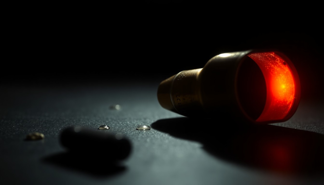 An extreme close-up photograph of a bullet casing or other physical evidence from the crime scene, lit by a harsh, direct camera flash against a pitch-black background, conceptually illustrating the stark, gritty nature of the incident.