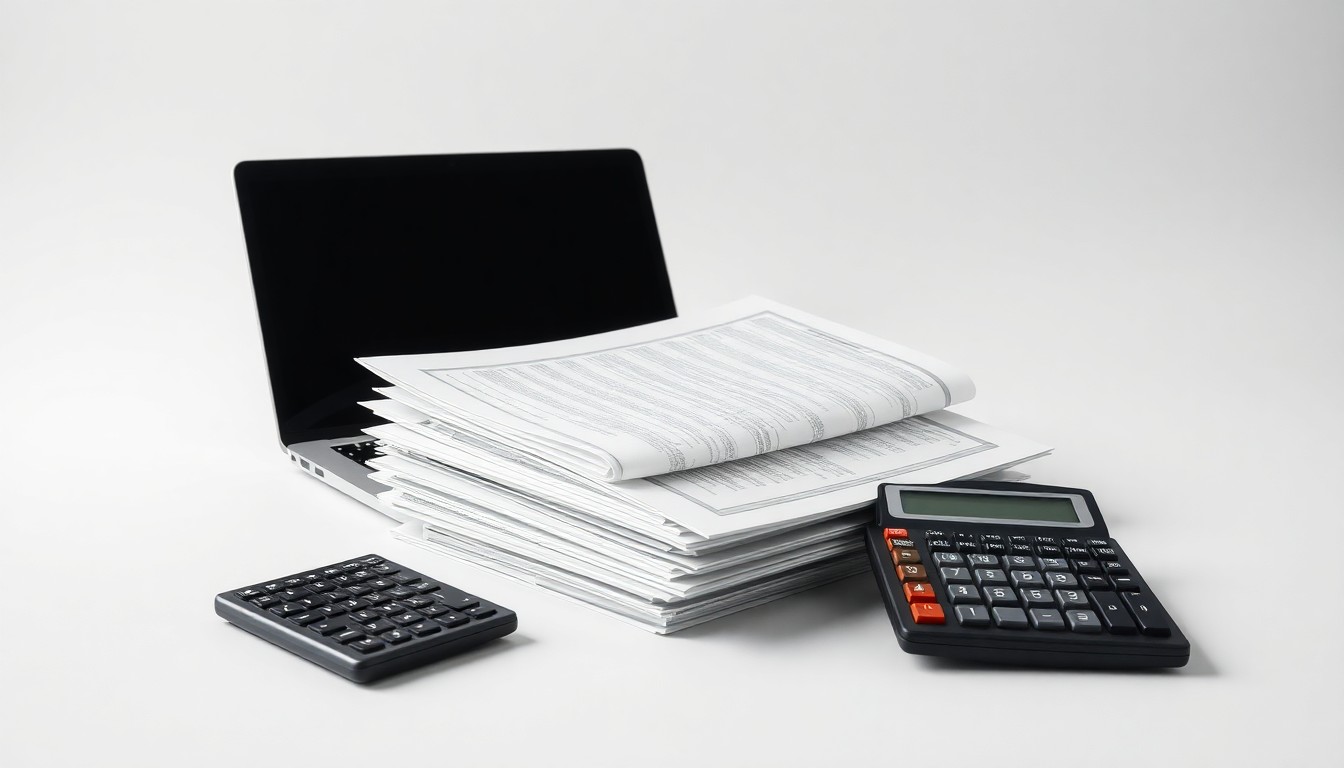 A photorealistic studio still life featuring a stack of financial documents, a laptop, and a calculator on a clean, monochromatic background, symbolizing the abstract concepts of corporate strategy, finance, and risk in the financial technology industry.