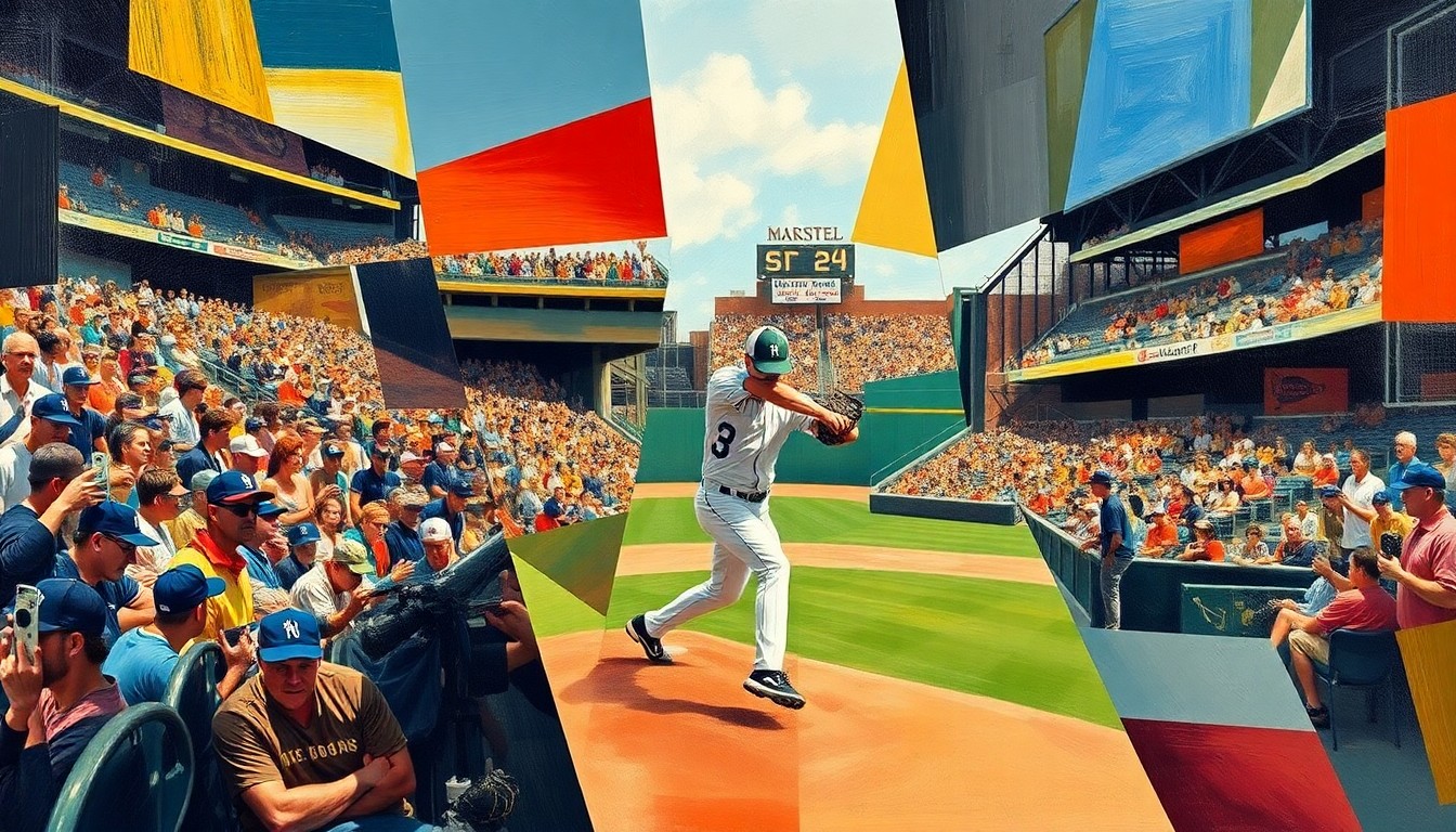 A dynamic, cubist-inspired illustration depicting the abstract forms of a baseball pitcher's delivery and the cheering crowd in the stands, conveying the energy and emotion of a homecoming moment.